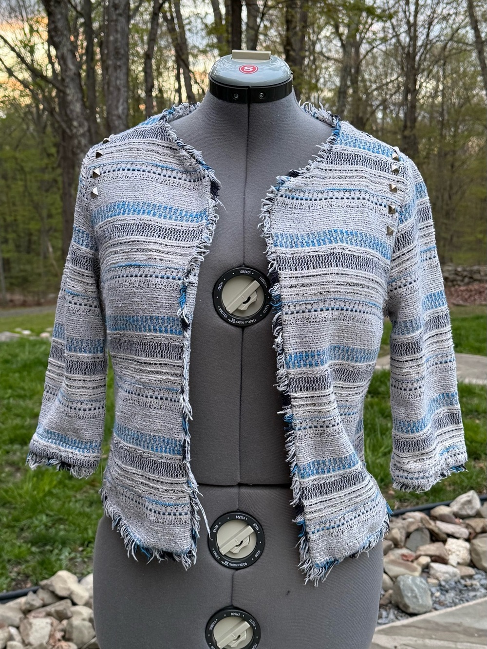 American Rag Frayed Edge Striped Open Cardigan in Light Blue and Gray